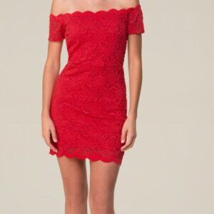 NWT NEW Bebe Off Shoulder Scallop Lace Dress HIGH RISK RED Size Small